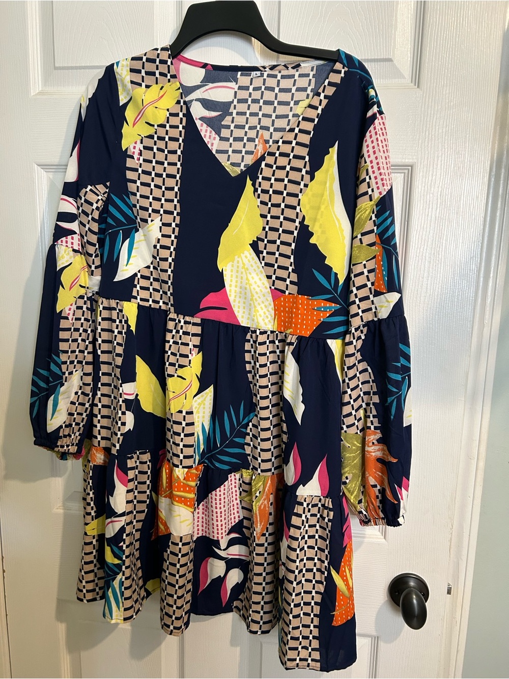 Navy Floral Print Tiered Dress with V-Neck